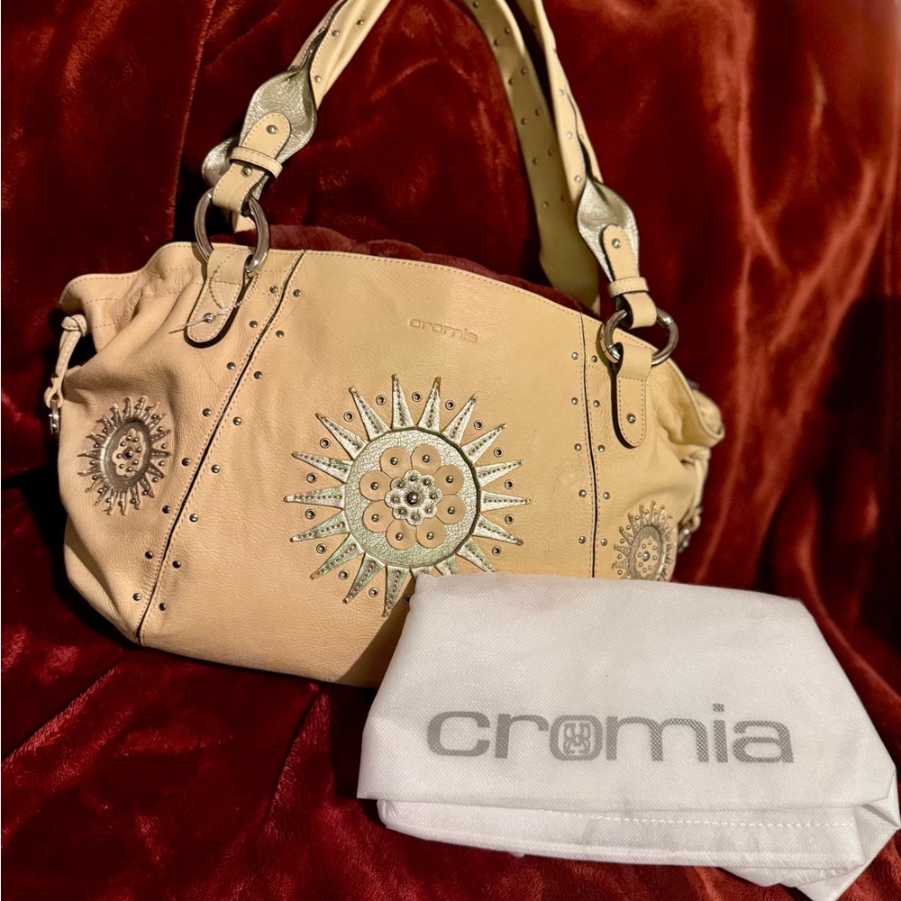 Cromia Leather Yellow Sunburst Studded Shoulder Bag